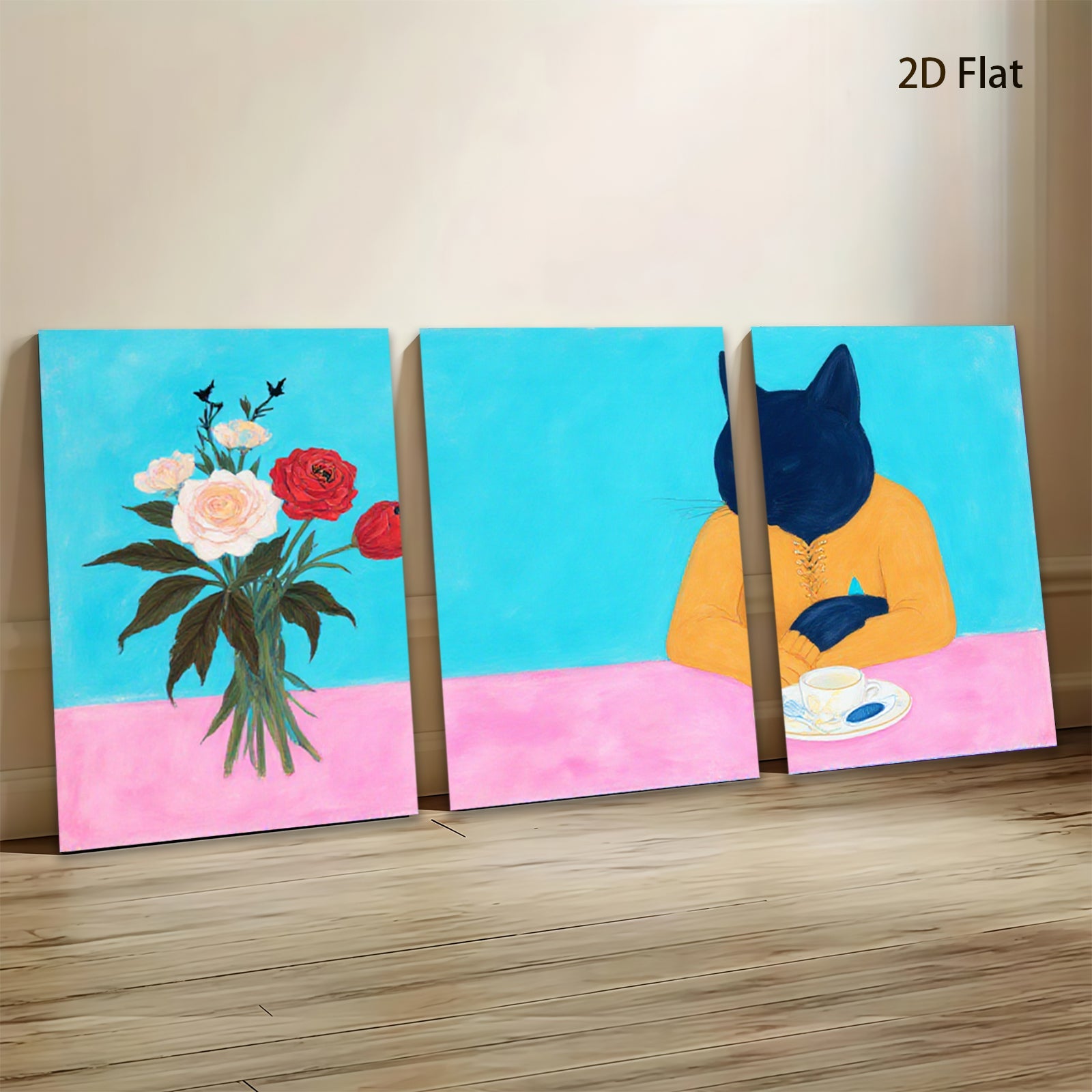 2D flat 1pc whimsical feline enjoys roses perfect for living room bedroom gallery wall art modern farmhouse decor statement piece