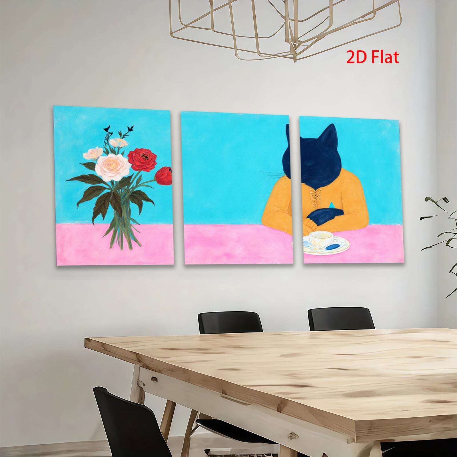 2D flat 1pc whimsical feline enjoys roses perfect for living room bedroom gallery wall art modern farmhouse decor statement piece