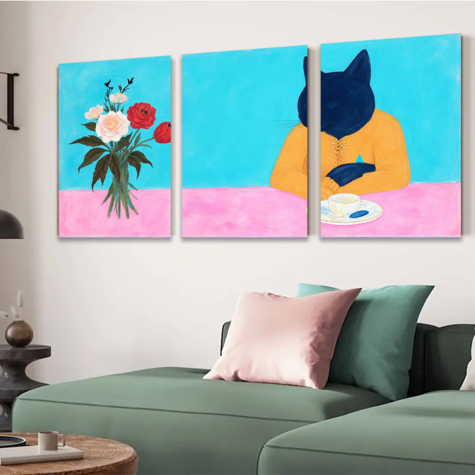 2D flat 1pc whimsical feline enjoys roses perfect for living room bedroom gallery wall art modern farmhouse decor statement piece