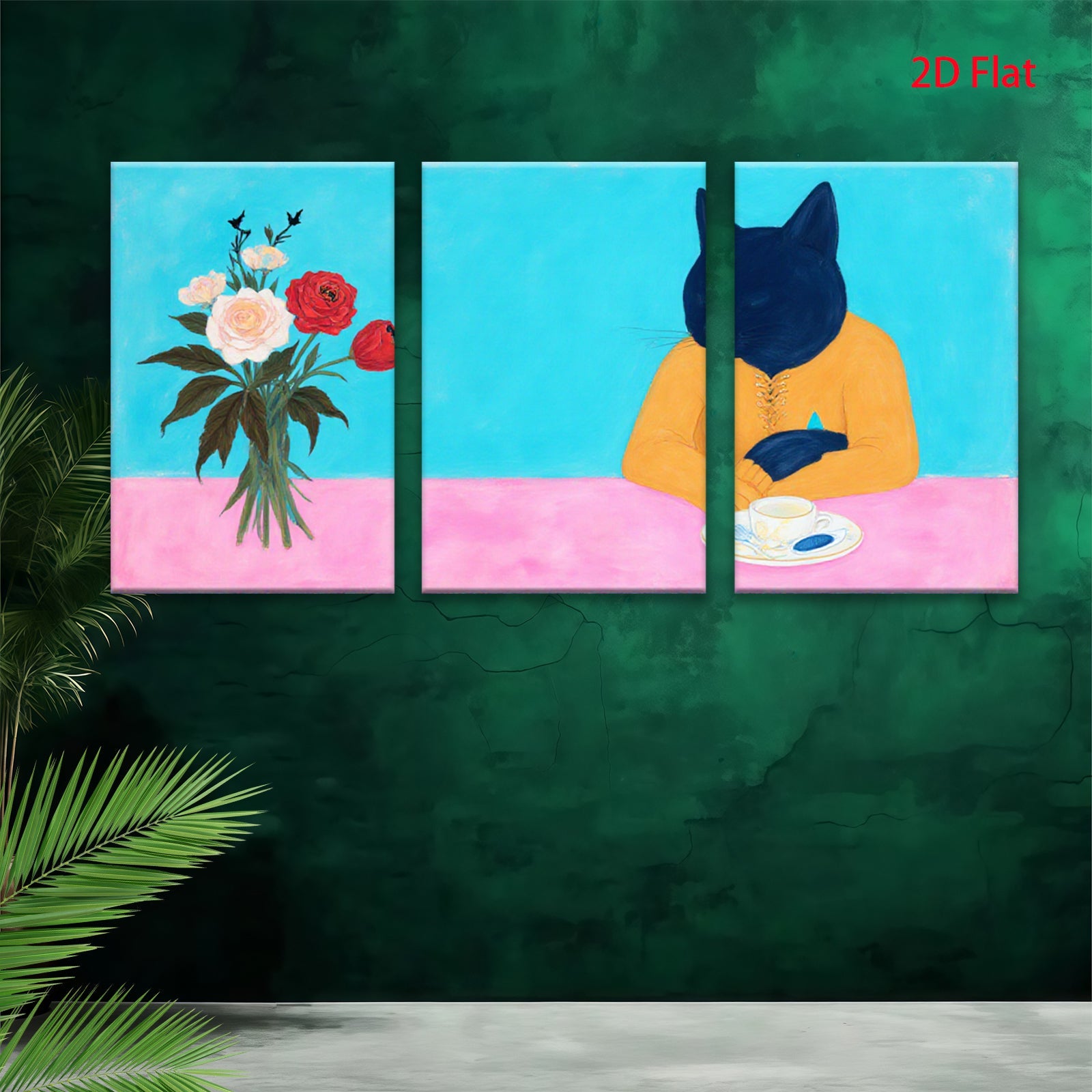 2D flat 1pc whimsical feline enjoys roses perfect for living room bedroom gallery wall art modern farmhouse decor statement piece