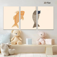 2D flat 1pc whimsical fish pair coastal wall art kitchen dining room bedroom gallery wrapped canvas modern farmhouse decor