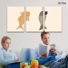 2D flat 1pc whimsical fish pair coastal wall art kitchen dining room bedroom gallery wrapped canvas modern farmhouse decor
