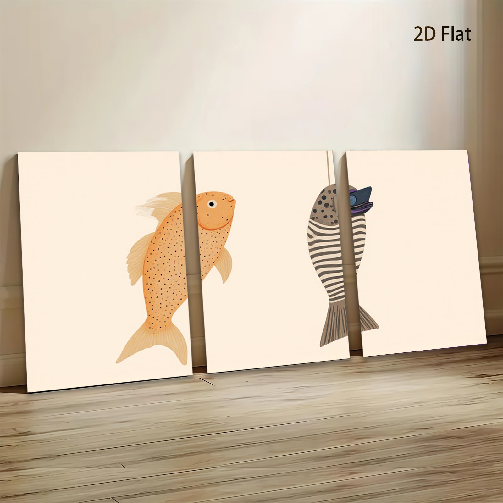 2D flat 1pc whimsical fish pair coastal wall art kitchen dining room bedroom gallery wrapped canvas modern farmhouse decor