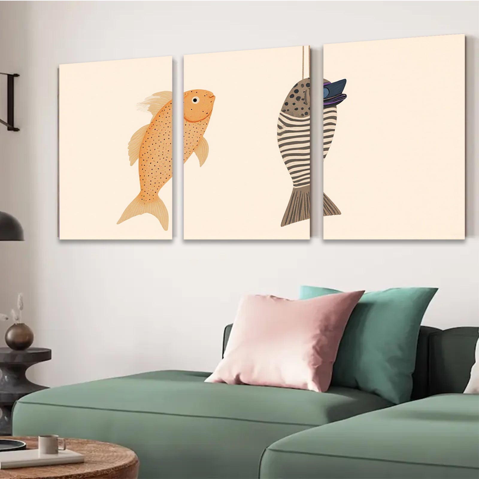 2D flat 1pc whimsical fish pair coastal wall art kitchen dining room bedroom gallery wrapped canvas modern farmhouse decor