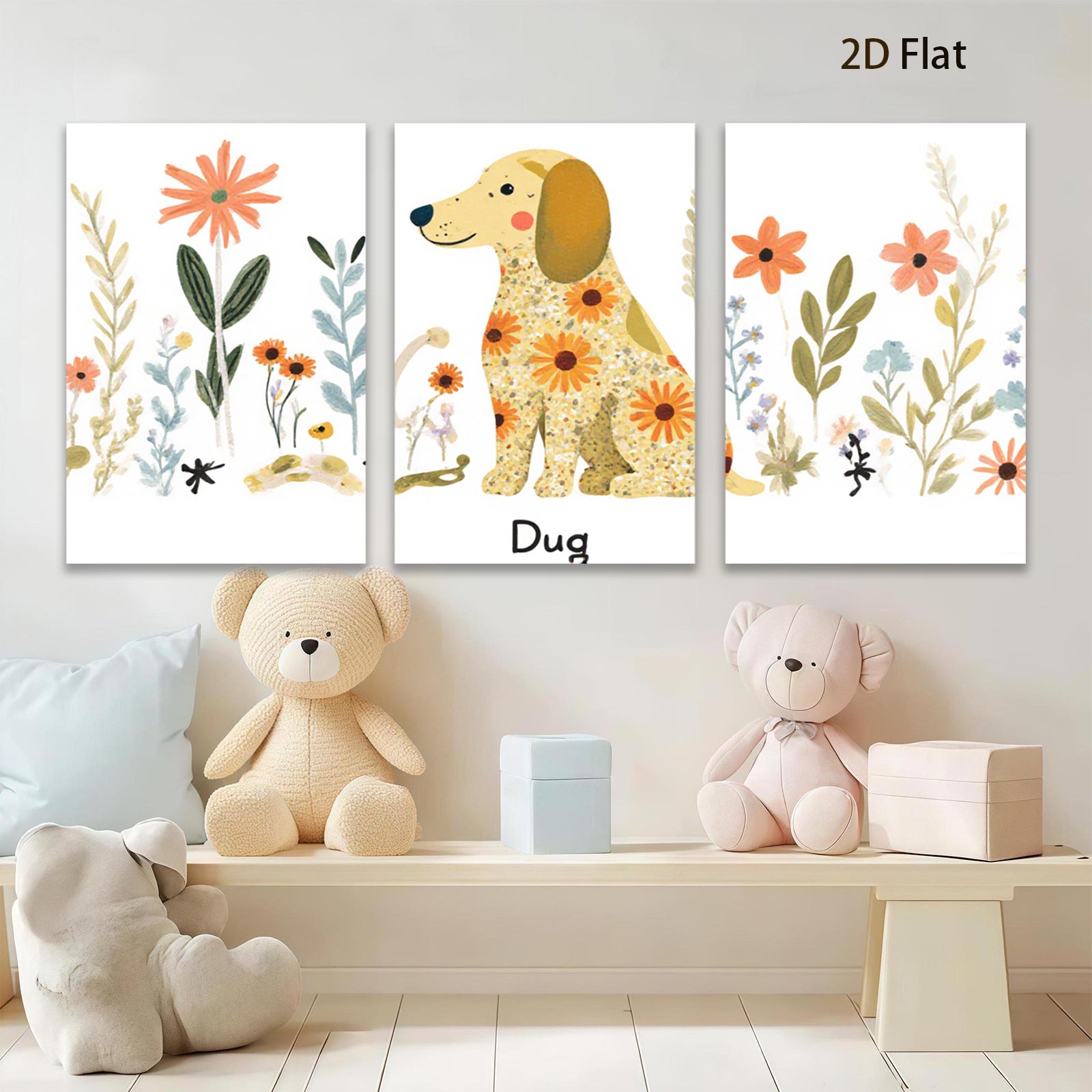 2D flat 1pc whimsical floral dog painting modern farmhouse wall art bedroom living room decor gallery wrapped canvas prints cozy aesthetic