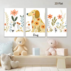 2D flat 1pc whimsical floral dog painting modern farmhouse wall art bedroom living room decor gallery wrapped canvas prints cozy aesthetic