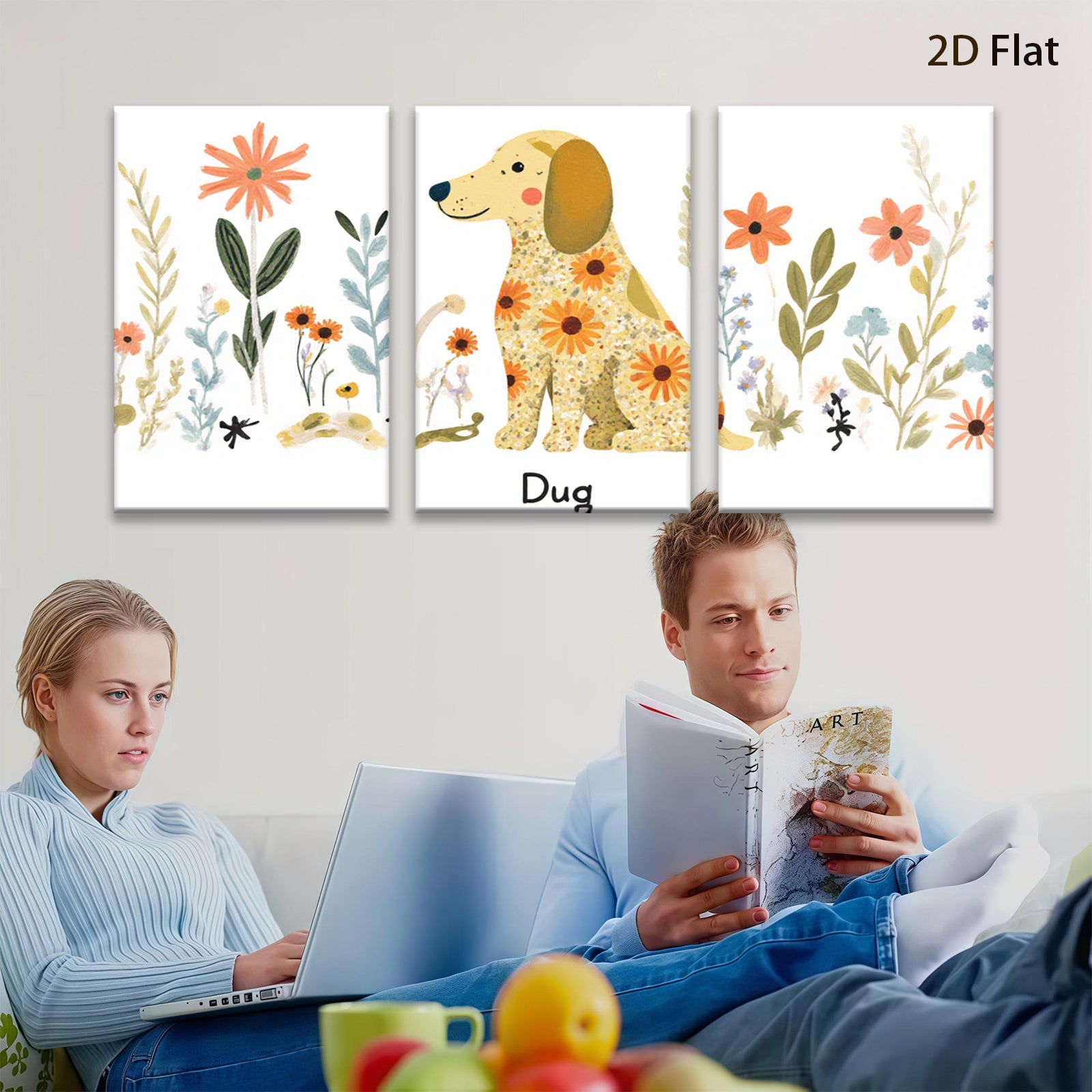 2D flat 1pc whimsical floral dog painting modern farmhouse wall art bedroom living room decor gallery wrapped canvas prints cozy aesthetic