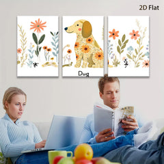 2D flat 1pc whimsical floral dog painting modern farmhouse wall art bedroom living room decor gallery wrapped canvas prints cozy aesthetic