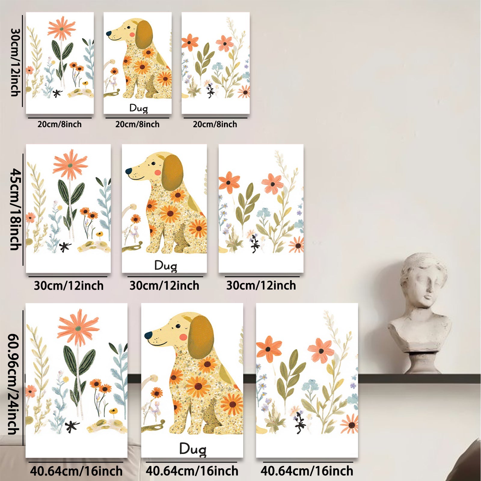 2D flat 1pc whimsical floral dog painting modern farmhouse wall art bedroom living room decor gallery wrapped canvas prints cozy aesthetic