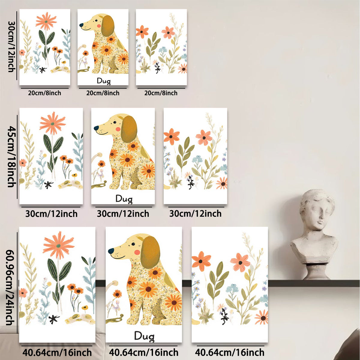 2D flat 1pc whimsical floral dog painting modern farmhouse wall art bedroom living room decor gallery wrapped canvas prints cozy aesthetic