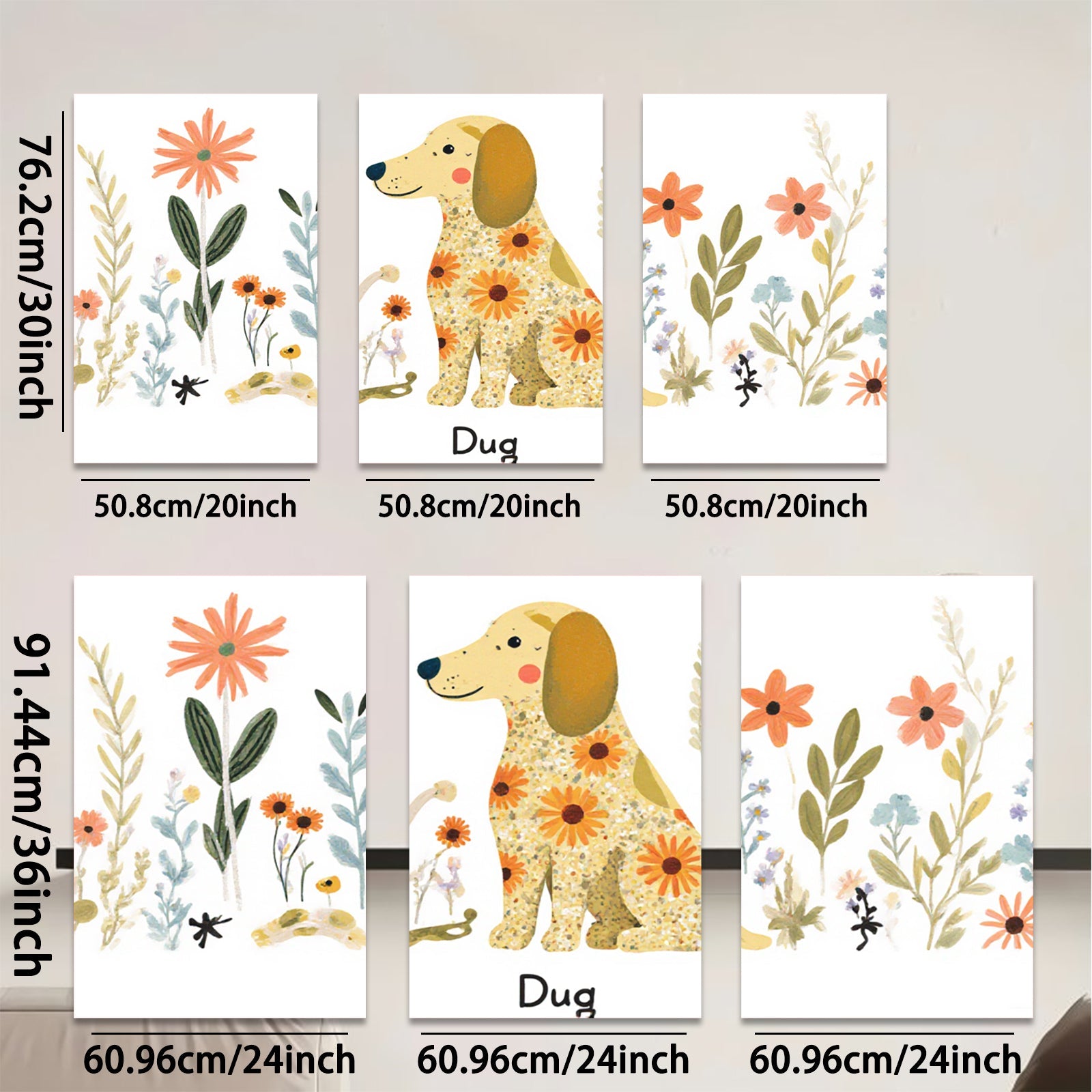 2D flat 1pc whimsical floral dog painting modern farmhouse wall art bedroom living room decor gallery wrapped canvas prints cozy aesthetic