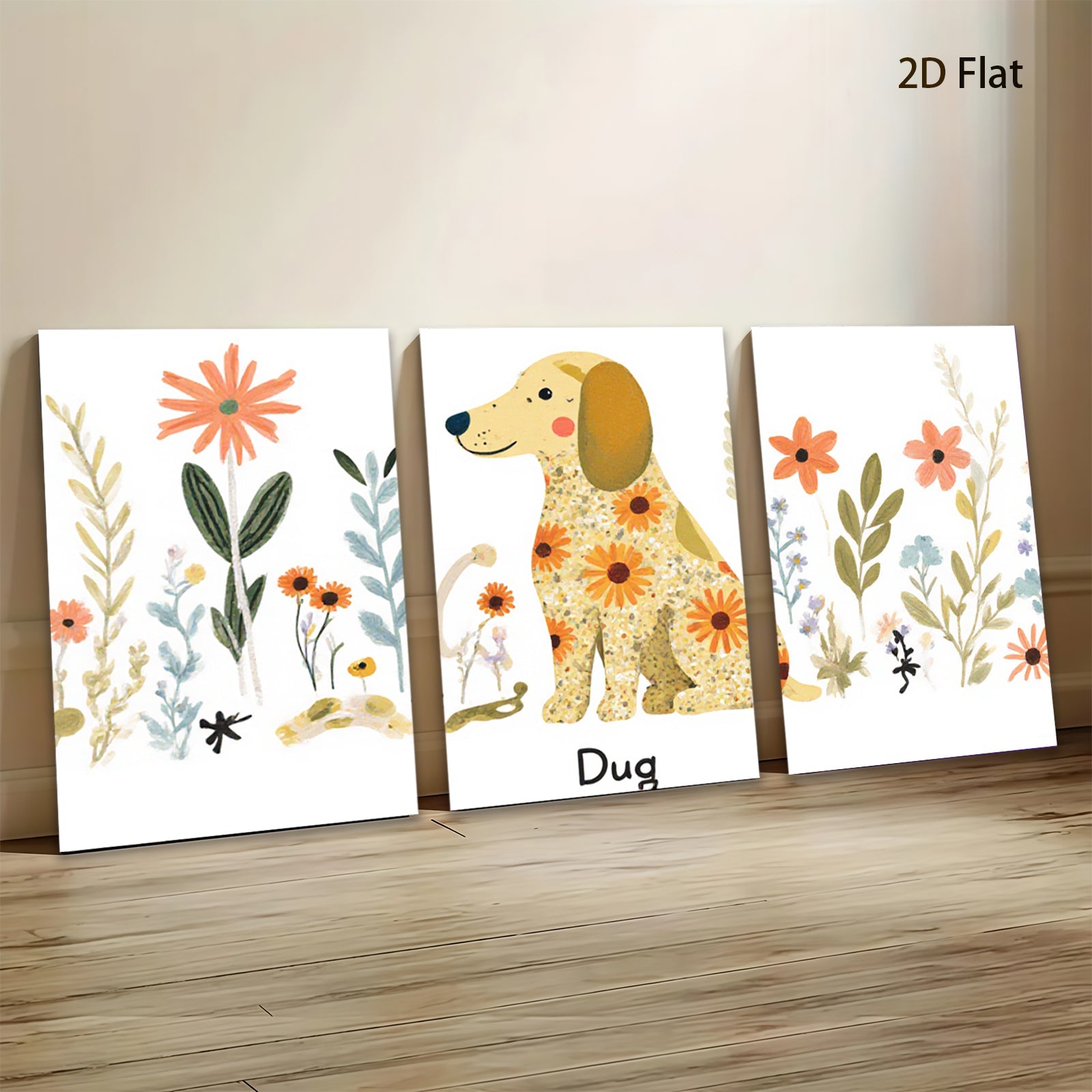 2D flat 1pc whimsical floral dog painting modern farmhouse wall art bedroom living room decor gallery wrapped canvas prints cozy aesthetic