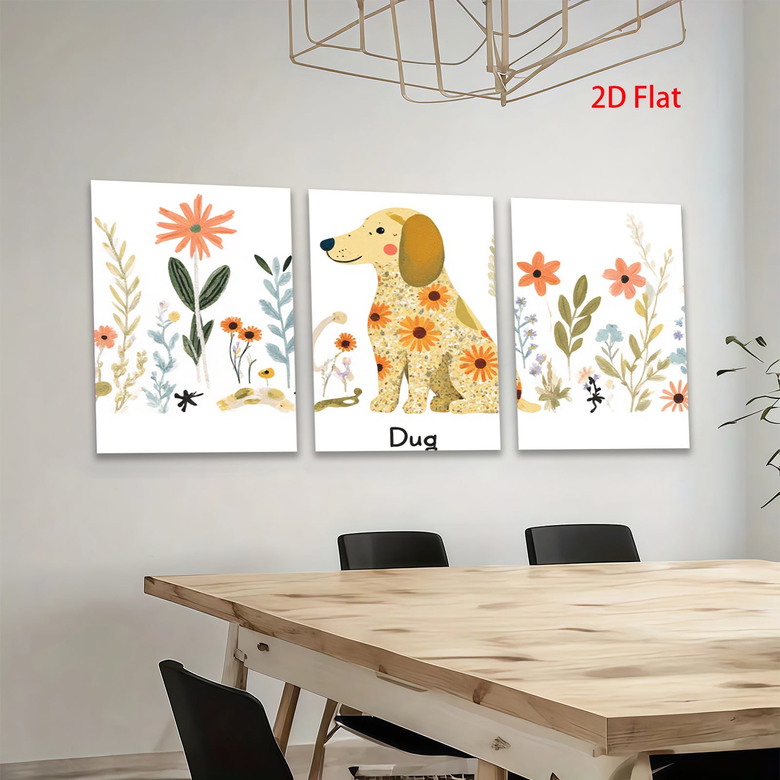 2D flat 1pc whimsical floral dog painting modern farmhouse wall art bedroom living room decor gallery wrapped canvas prints cozy aesthetic