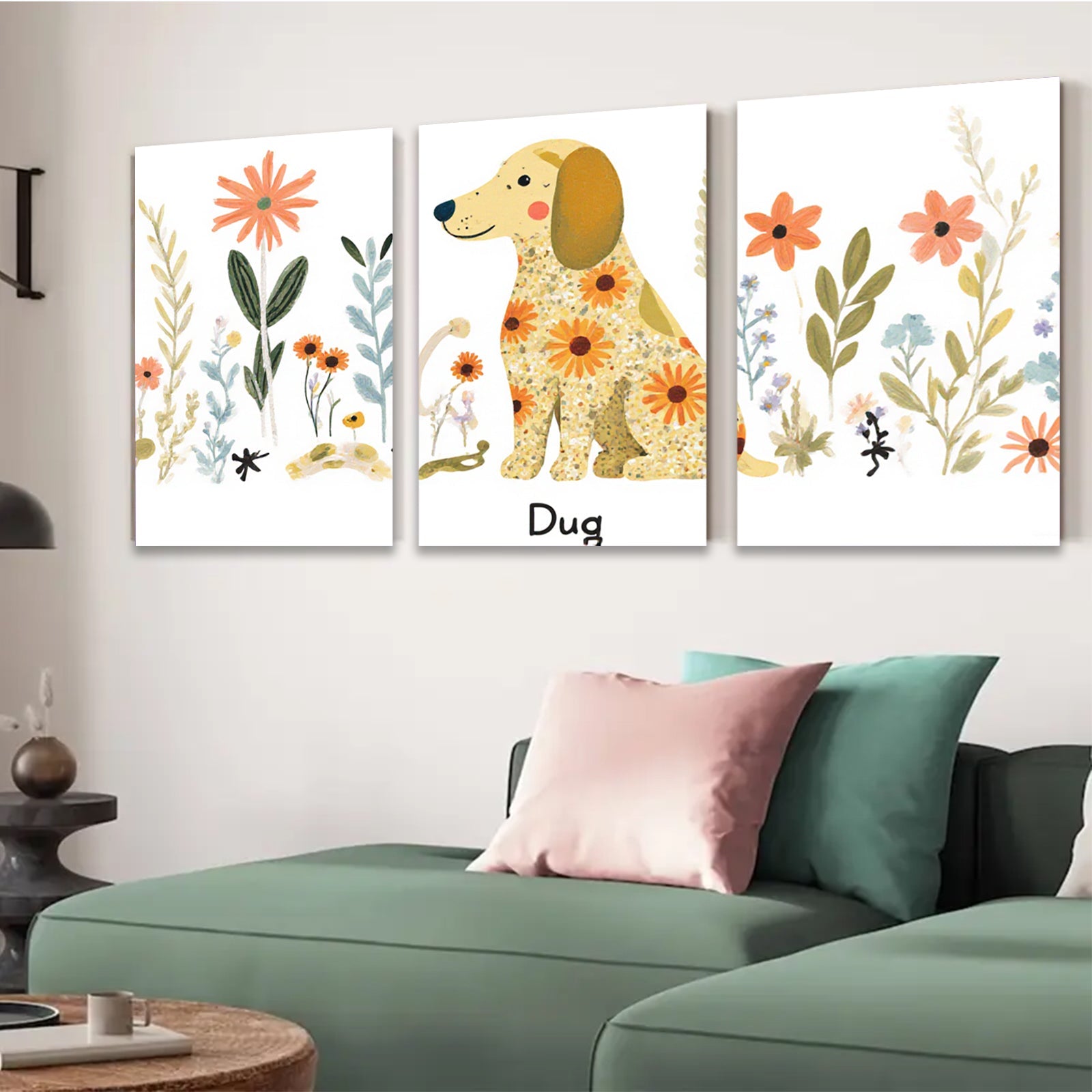 2D flat 1pc whimsical floral dog painting modern farmhouse wall art bedroom living room decor gallery wrapped canvas prints cozy aesthetic