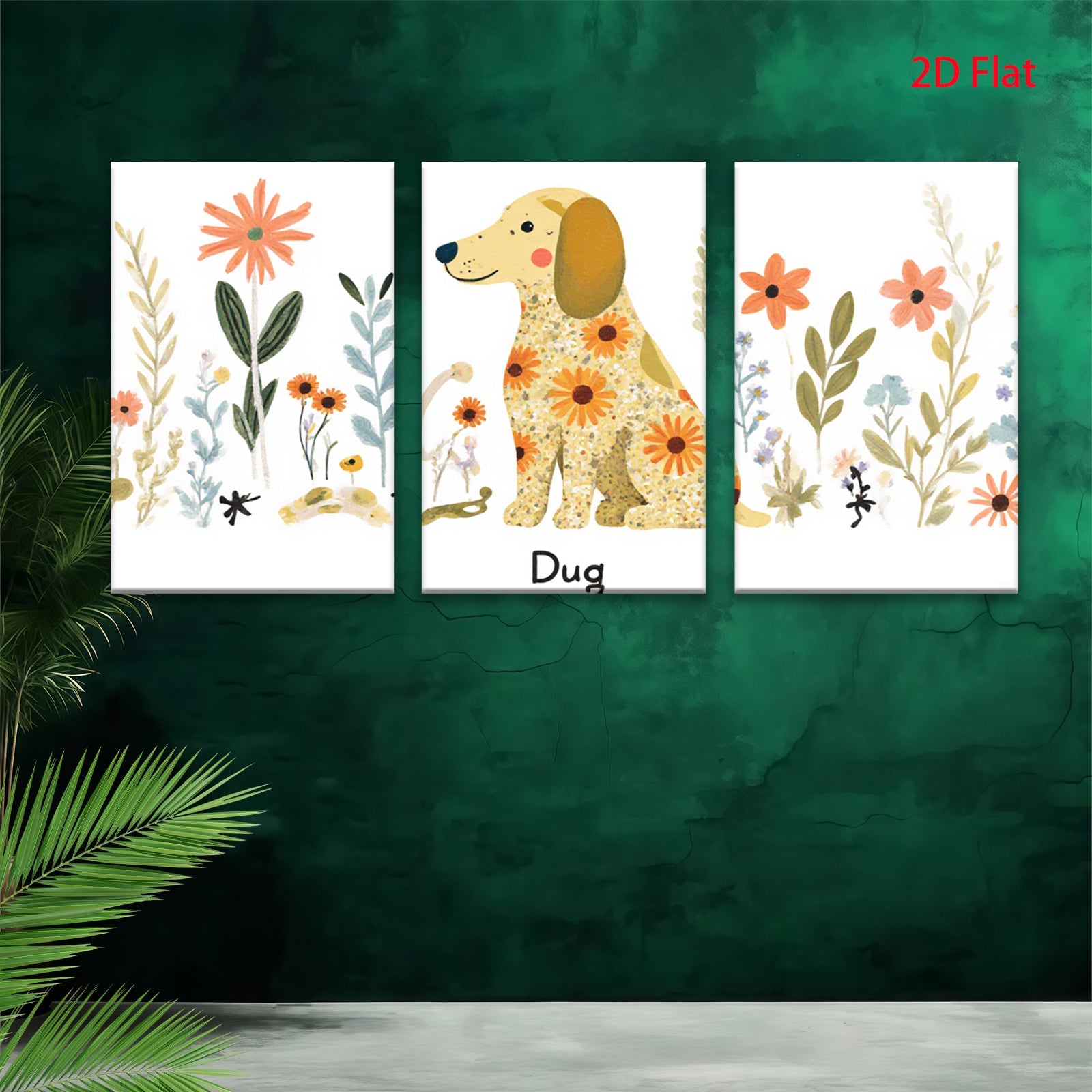 2D flat 1pc whimsical floral dog painting modern farmhouse wall art bedroom living room decor gallery wrapped canvas prints cozy aesthetic