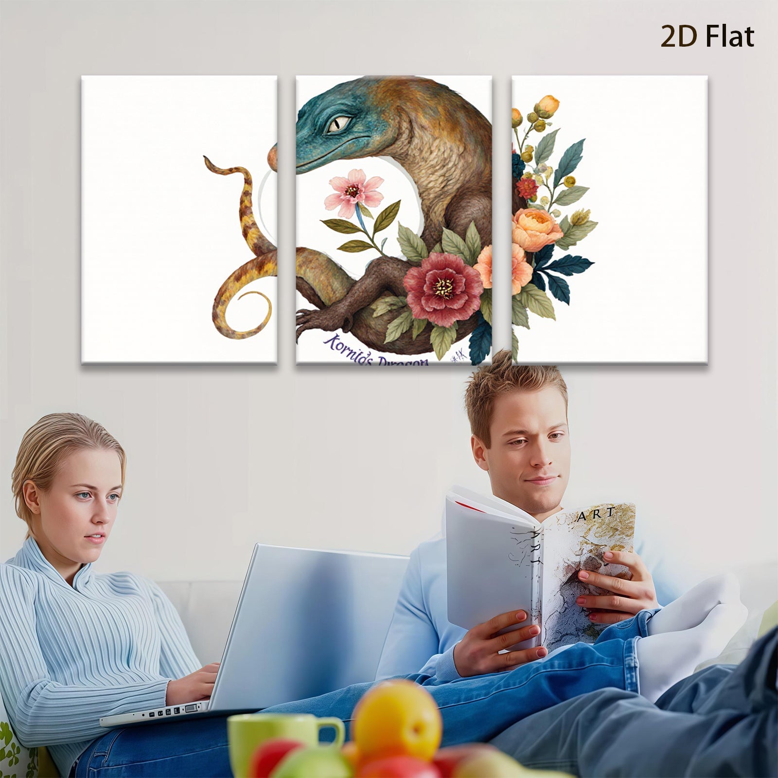 2D flat 1pc whimsical floral dragon botanical wall art print for bedroom living room home decor gallery wrapped canvas modern farmhouse style