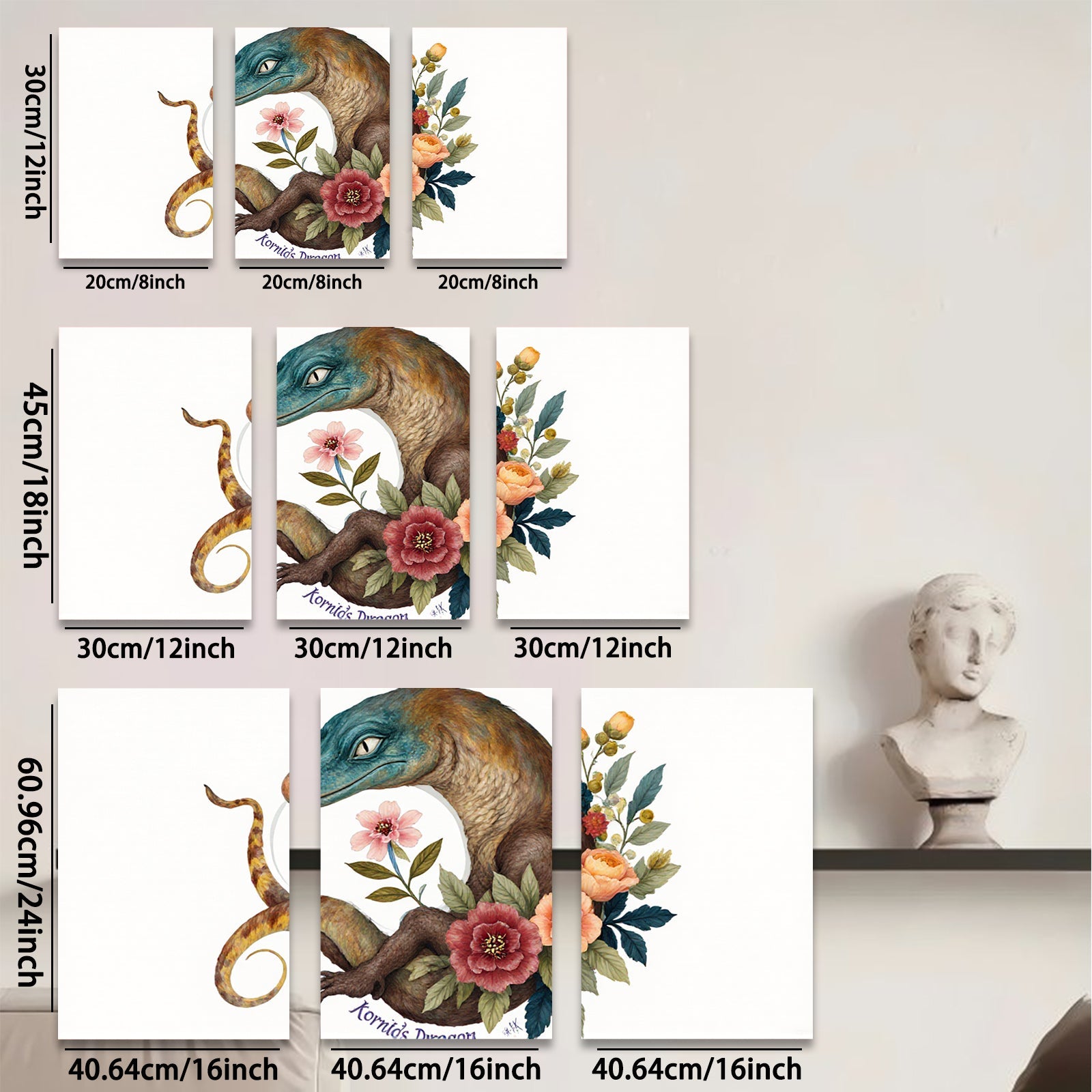 2D flat 1pc whimsical floral dragon botanical wall art print for bedroom living room home decor gallery wrapped canvas modern farmhouse style