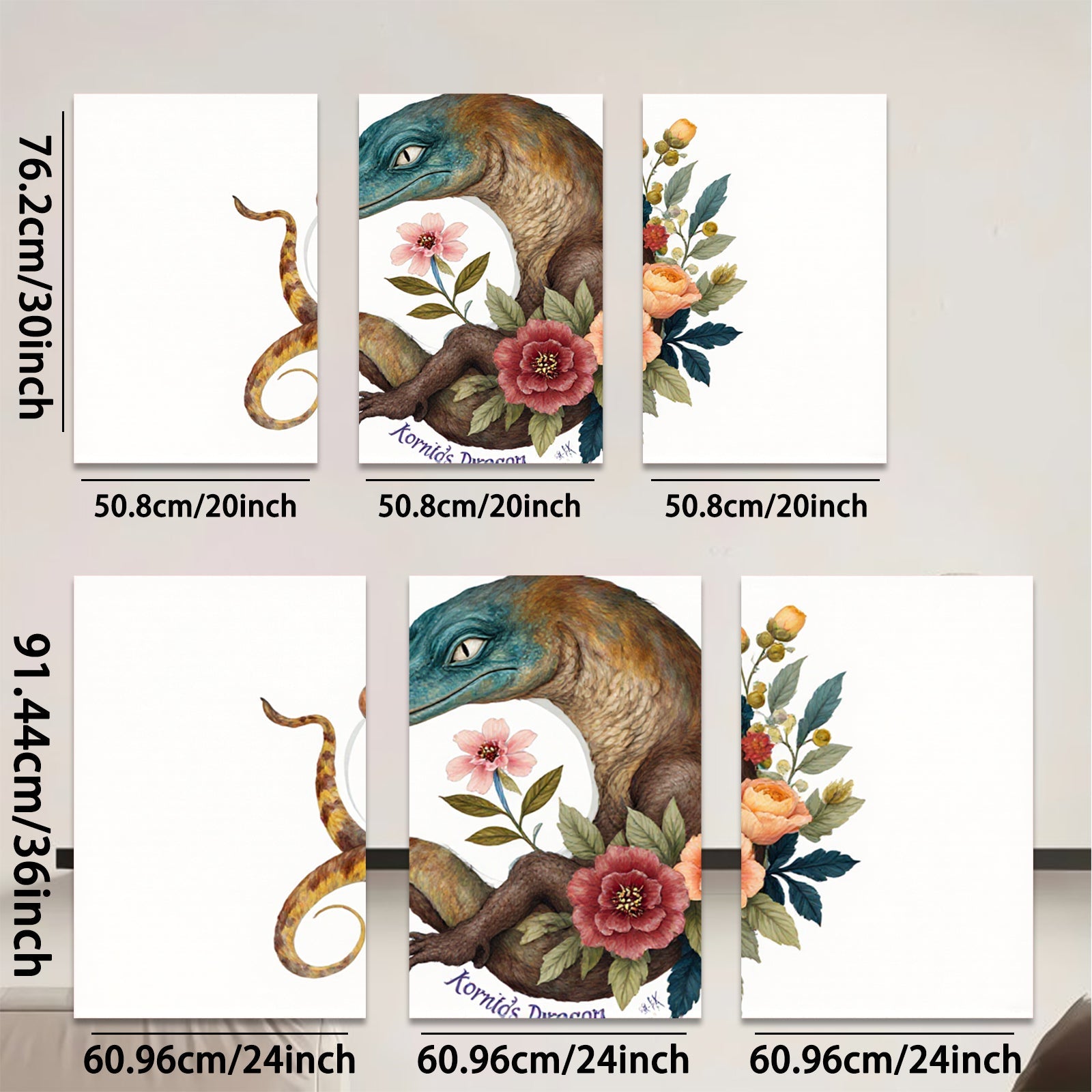 2D flat 1pc whimsical floral dragon botanical wall art print for bedroom living room home decor gallery wrapped canvas modern farmhouse style