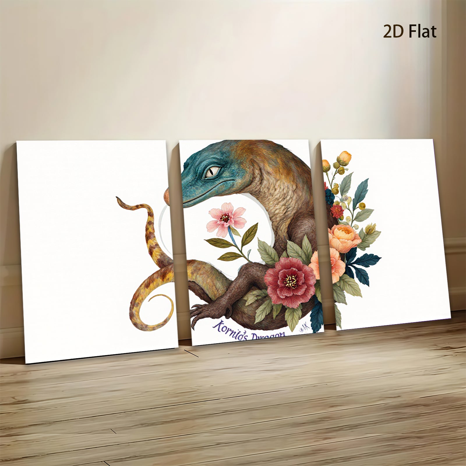 2D flat 1pc whimsical floral dragon botanical wall art print for bedroom living room home decor gallery wrapped canvas modern farmhouse style
