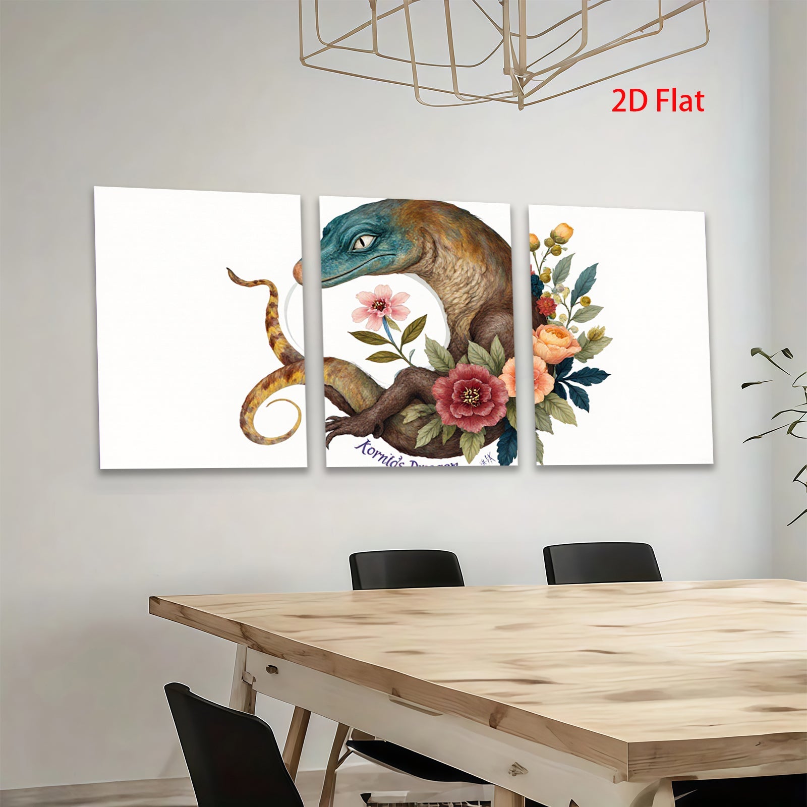 2D flat 1pc whimsical floral dragon botanical wall art print for bedroom living room home decor gallery wrapped canvas modern farmhouse style