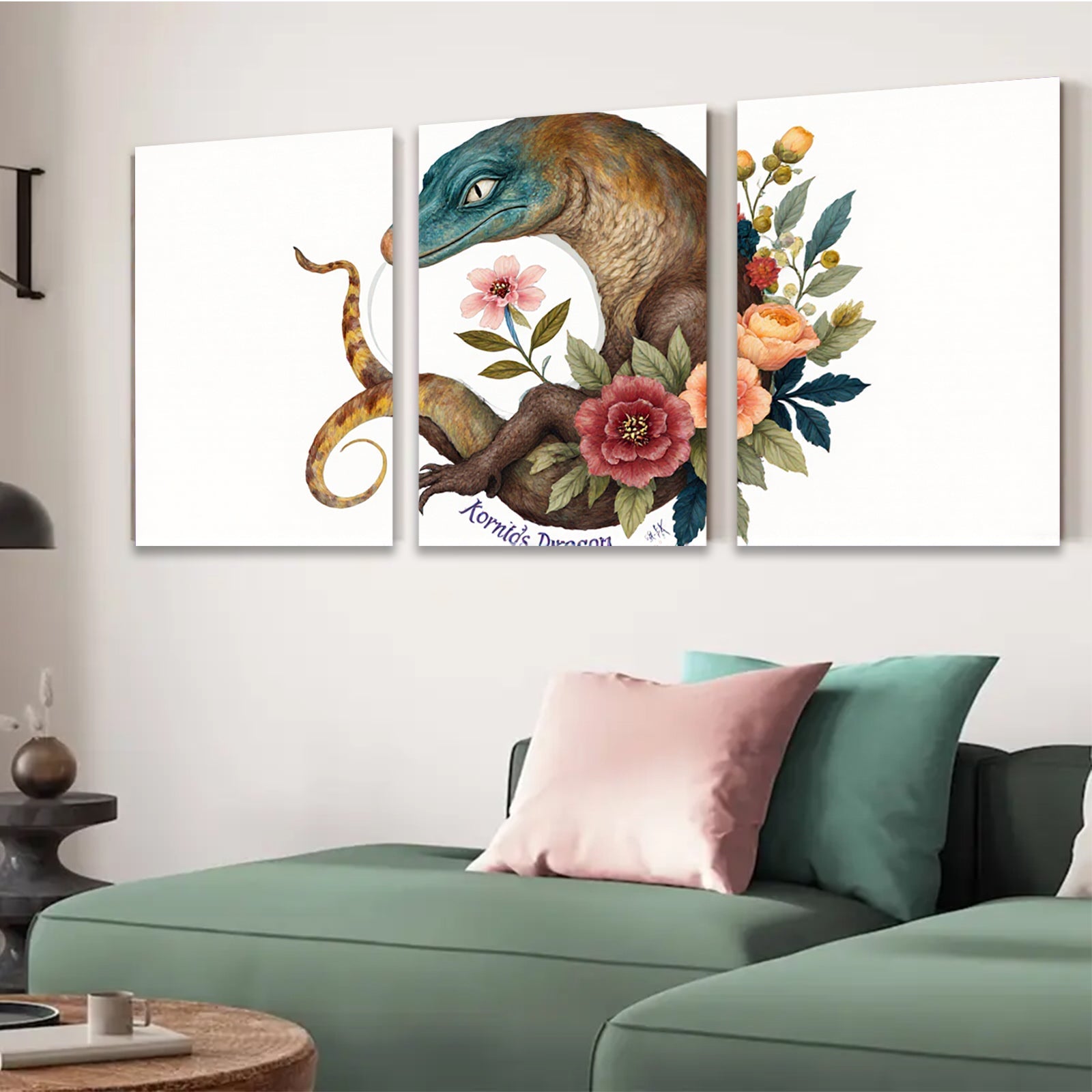 2D flat 1pc whimsical floral dragon botanical wall art print for bedroom living room home decor gallery wrapped canvas modern farmhouse style