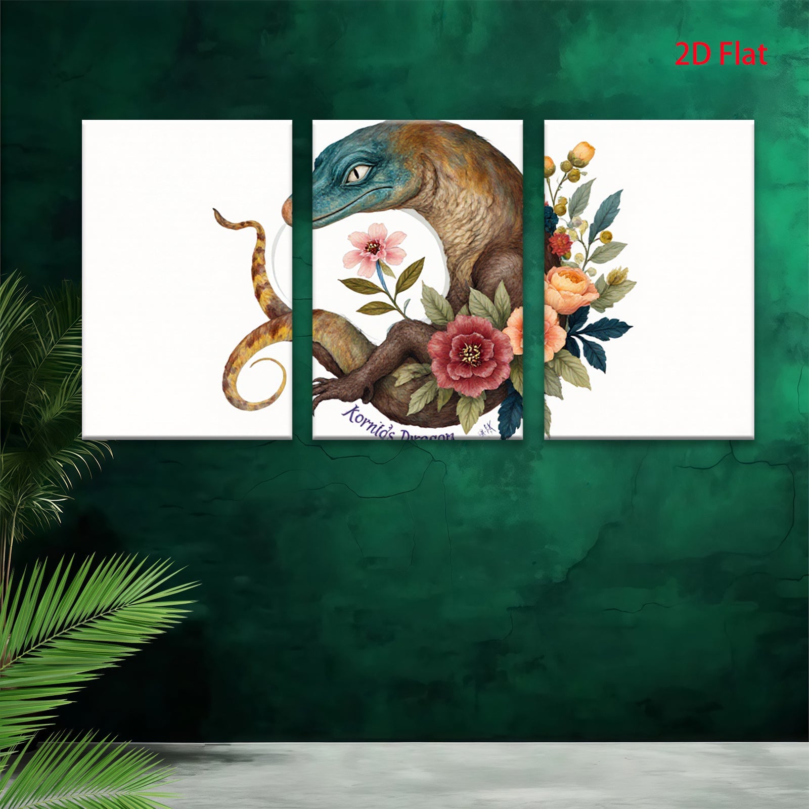 2D flat 1pc whimsical floral dragon botanical wall art print for bedroom living room home decor gallery wrapped canvas modern farmhouse style