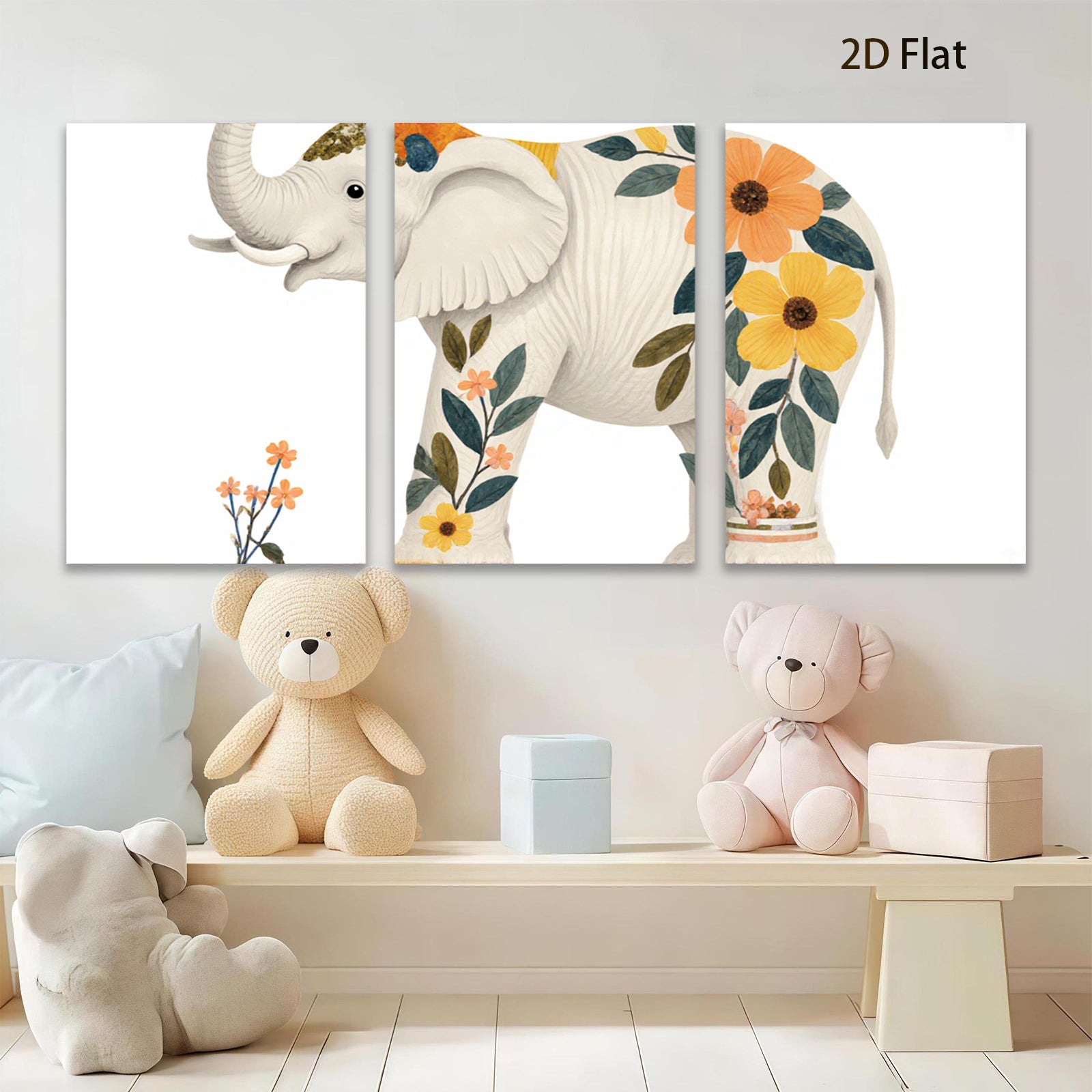 2D flat 1pc whimsical floral elephant nursery wall art bedroom decor farmhouse style living room canvas prints modern minimalist aesthetic