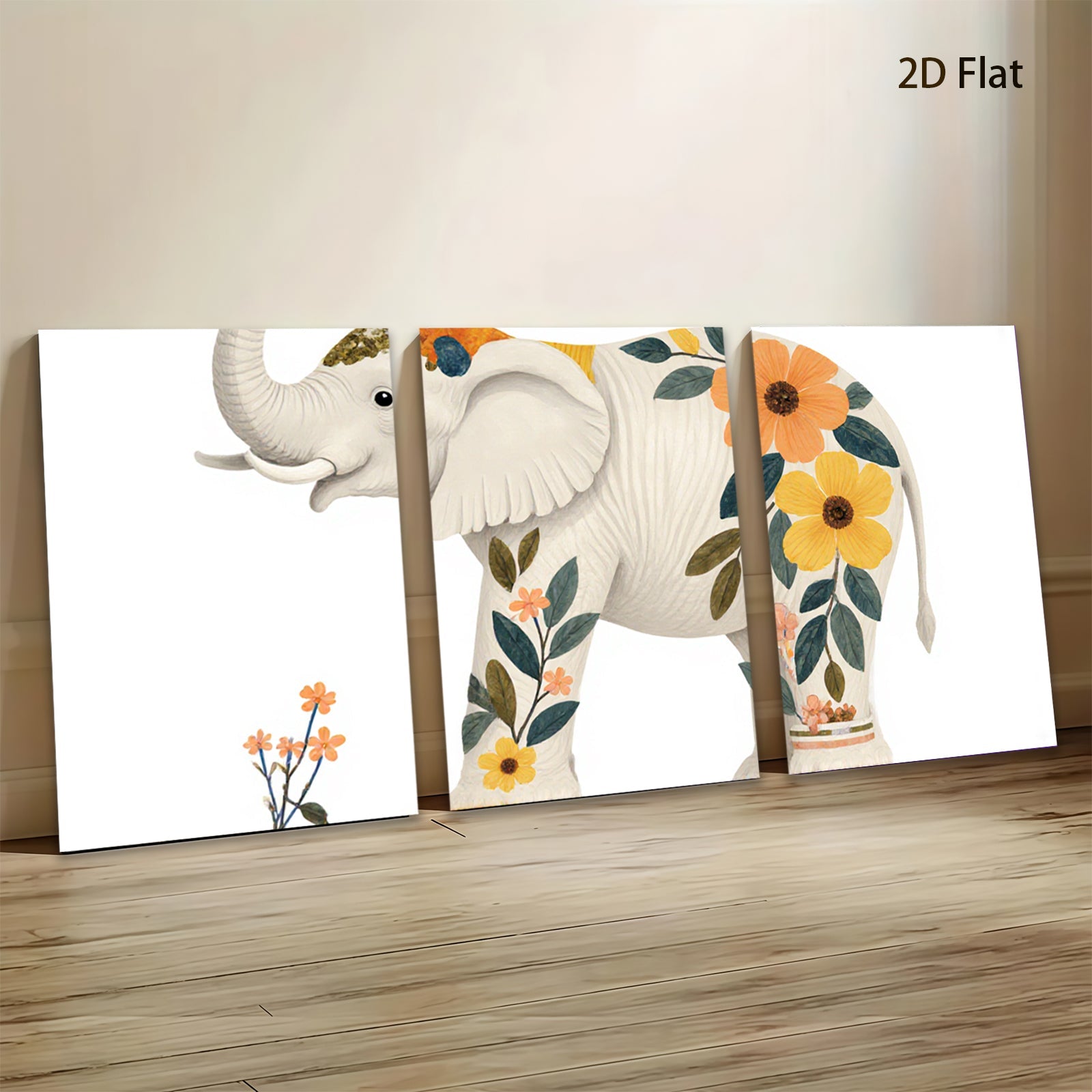 2D flat 1pc whimsical floral elephant nursery wall art bedroom decor farmhouse style living room canvas prints modern minimalist aesthetic