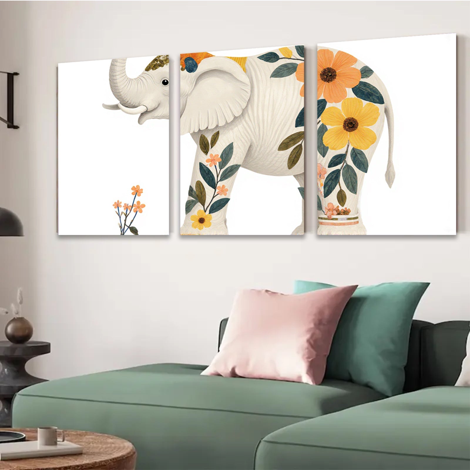 2D flat 1pc whimsical floral elephant nursery wall art bedroom decor farmhouse style living room canvas prints modern minimalist aesthetic