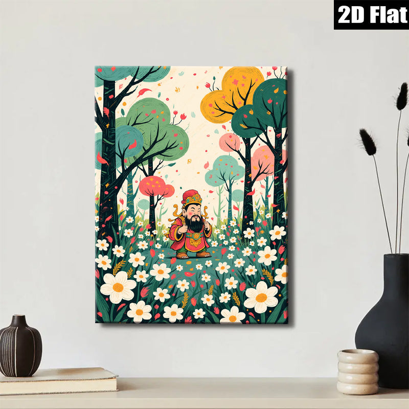 2D flat 1pc whimsical floral garden scene with lucky Asian folklore figure wall art for living room bedroom gallery wrapped canvas modern farmhouse decor
