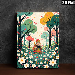 2D flat 1pc whimsical floral garden scene with lucky Asian folklore figure wall art for living room bedroom gallery wrapped canvas modern farmhouse decor