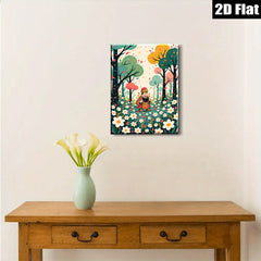 2D flat 1pc whimsical floral garden scene with lucky Asian folklore figure wall art for living room bedroom gallery wrapped canvas modern farmhouse decor