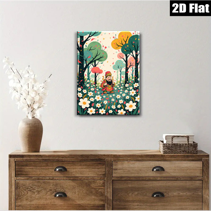 2D flat 1pc whimsical floral garden scene with lucky Asian folklore figure wall art for living room bedroom gallery wrapped canvas modern farmhouse decor