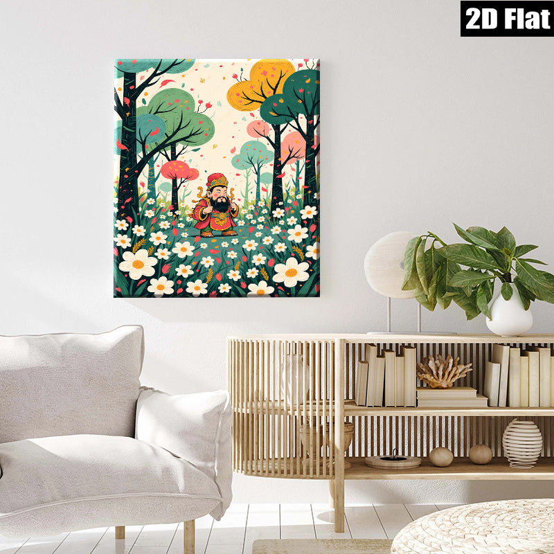 2D flat 1pc whimsical floral garden scene with lucky Asian folklore figure wall art for living room bedroom gallery wrapped canvas modern farmhouse decor