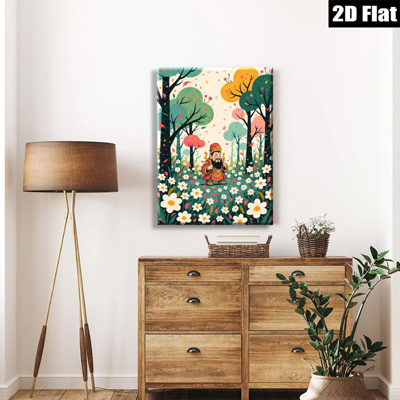 2D flat 1pc whimsical floral garden scene with lucky Asian folklore figure wall art for living room bedroom gallery wrapped canvas modern farmhouse decor
