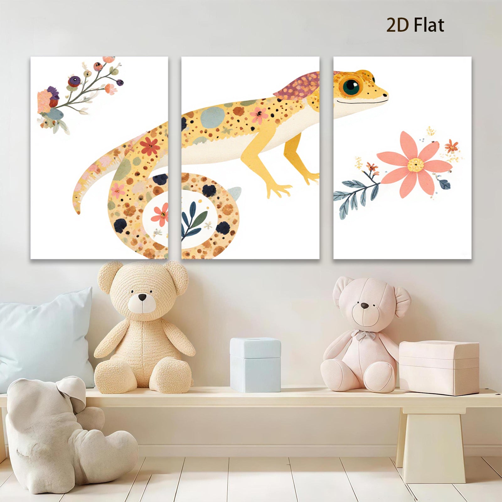 2D flat 1pc whimsical floral gecko wall art canvas print for kids room nursery decor bedroom living room farmhouse style modern minimalist