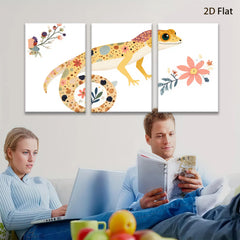 2D flat 1pc whimsical floral gecko wall art canvas print for kids room nursery decor bedroom living room farmhouse style modern minimalist