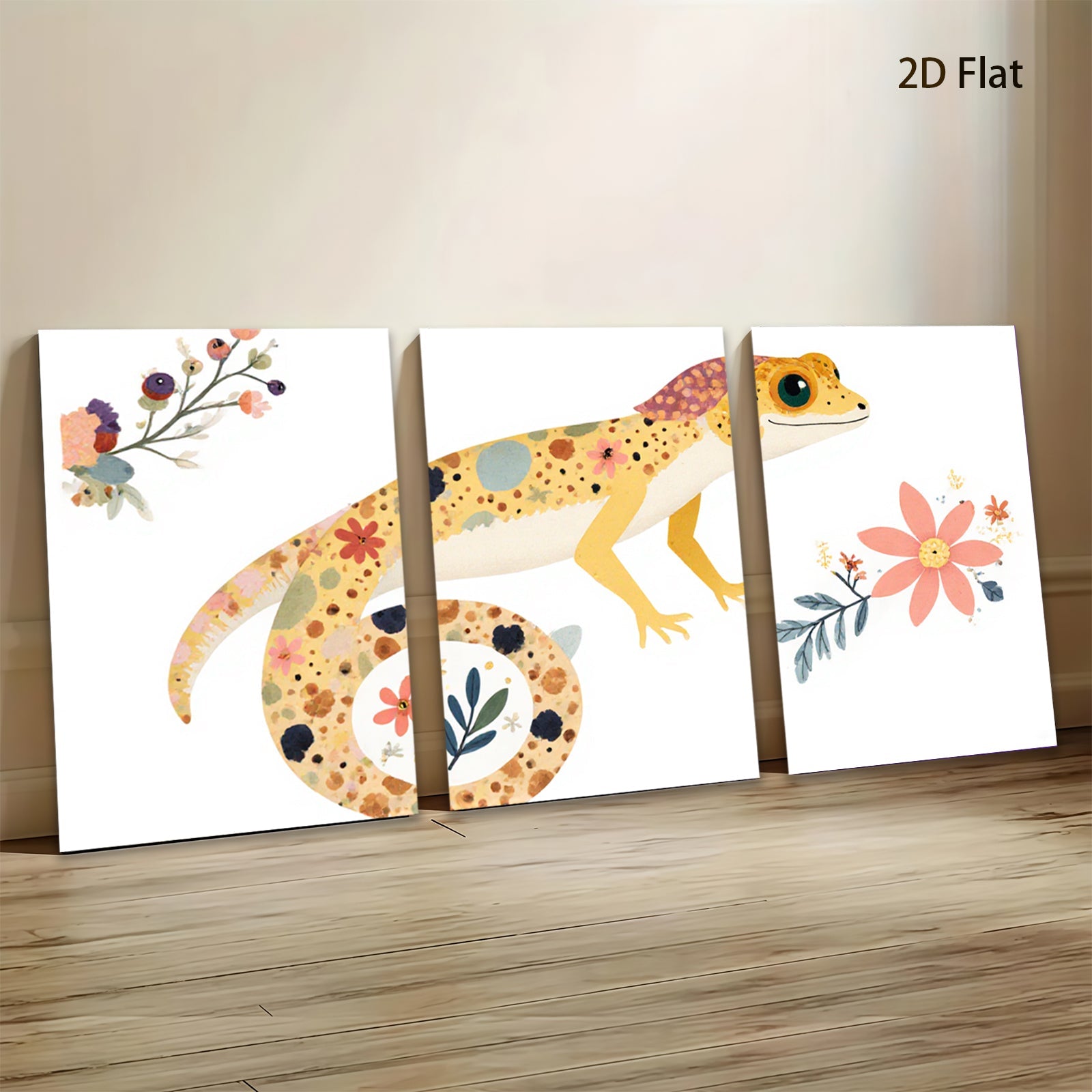 2D flat 1pc whimsical floral gecko wall art canvas print for kids room nursery decor bedroom living room farmhouse style modern minimalist