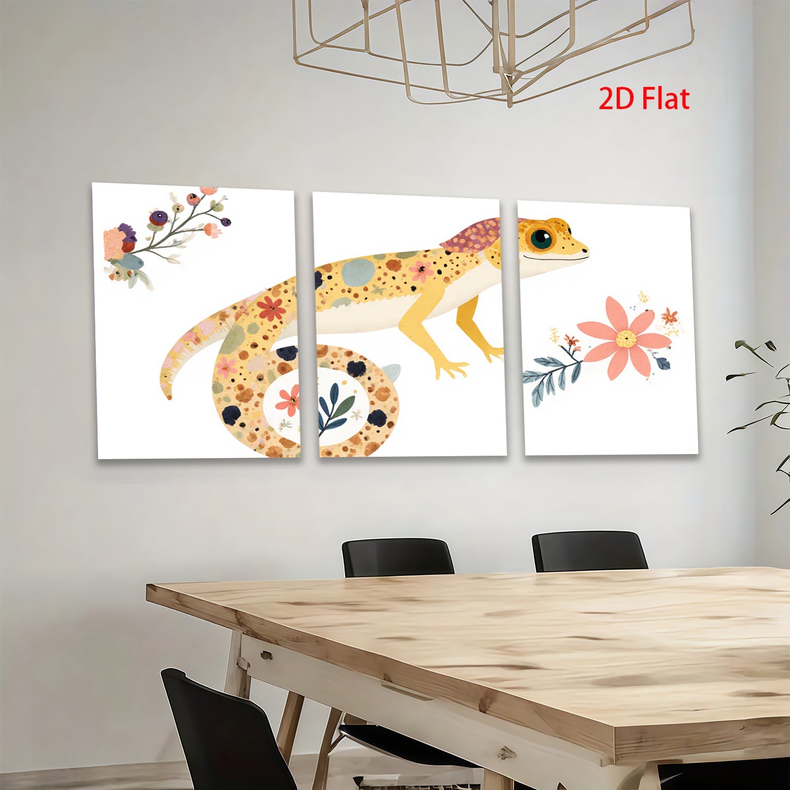 2D flat 1pc whimsical floral gecko wall art canvas print for kids room nursery decor bedroom living room farmhouse style modern minimalist
