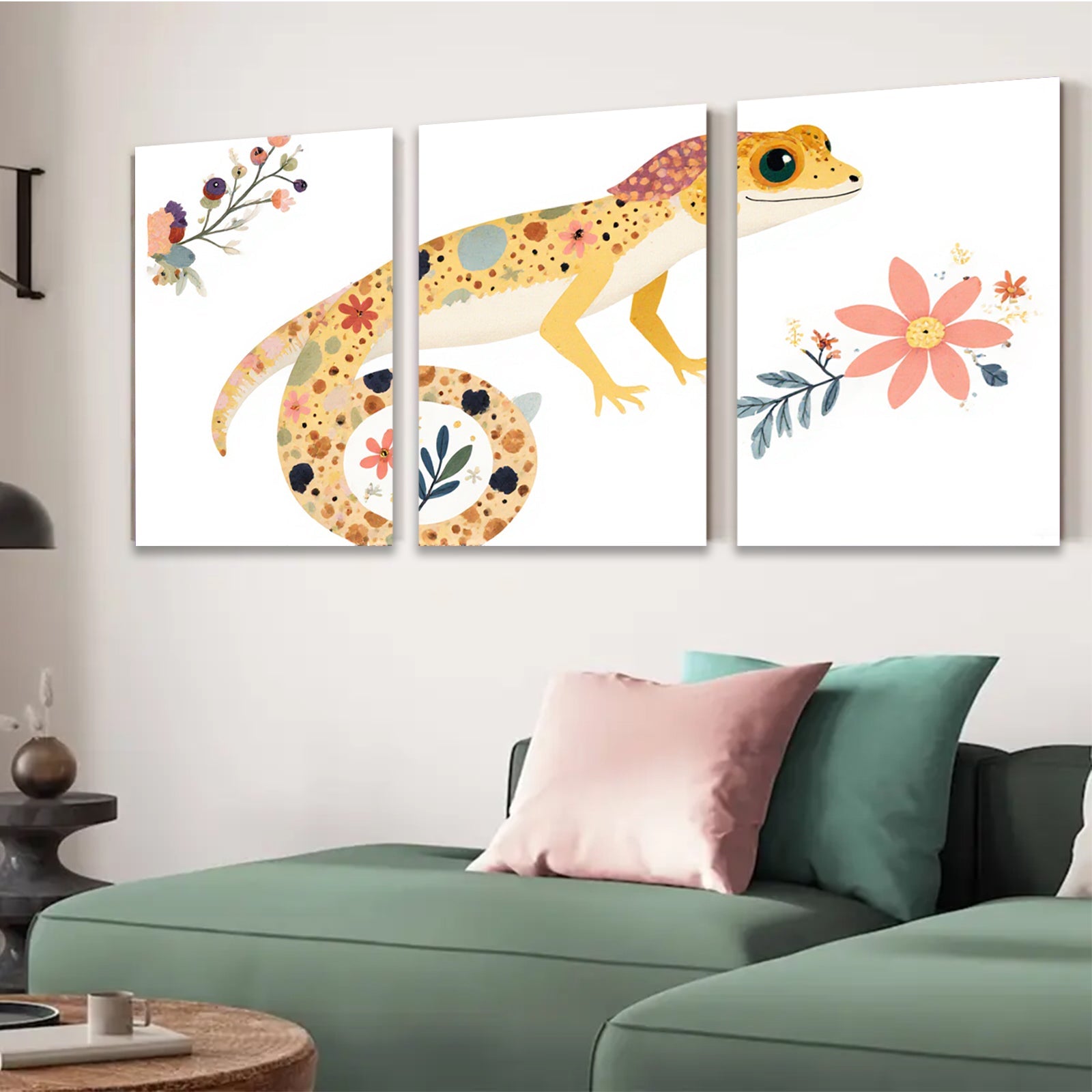 2D flat 1pc whimsical floral gecko wall art canvas print for kids room nursery decor bedroom living room farmhouse style modern minimalist