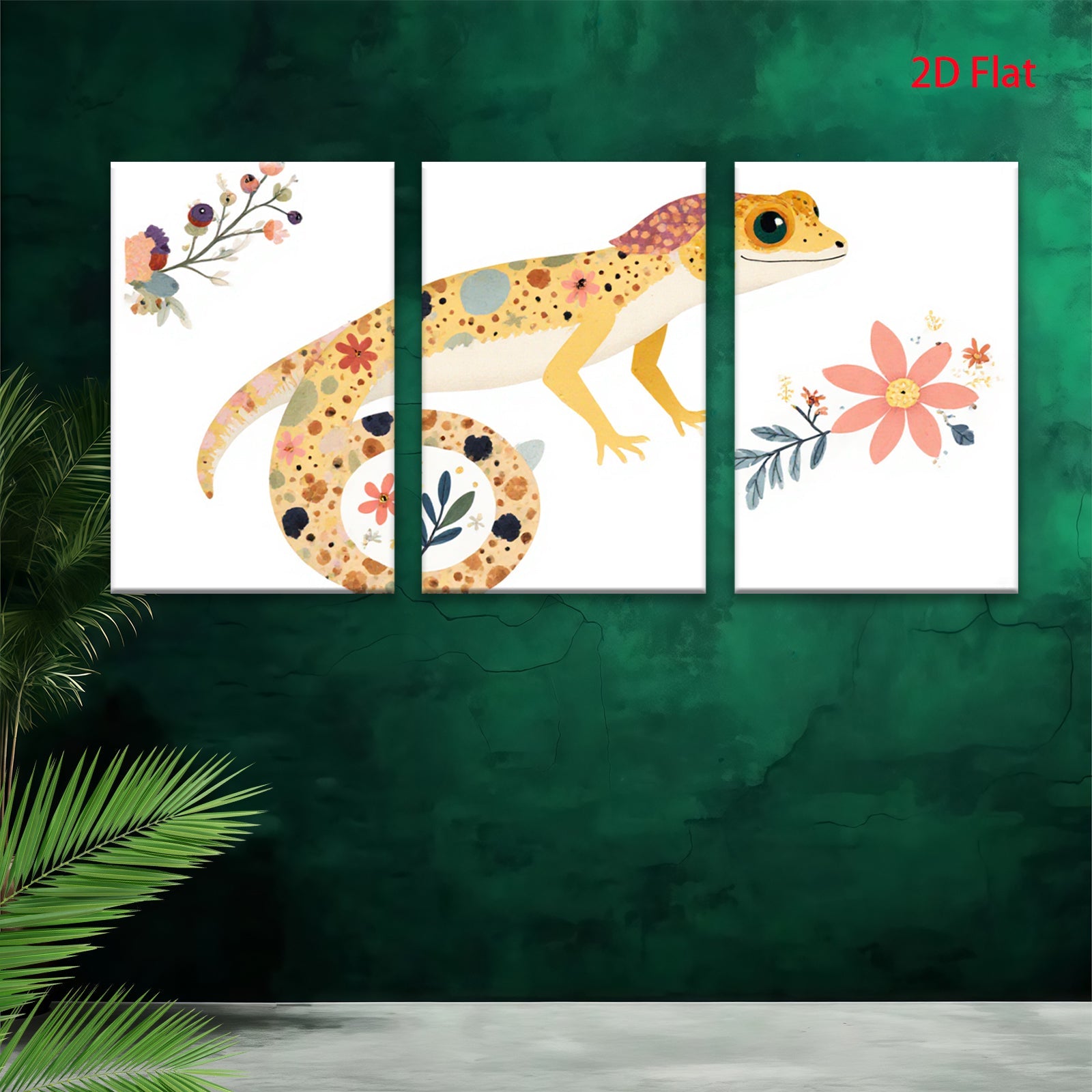 2D flat 1pc whimsical floral gecko wall art canvas print for kids room nursery decor bedroom living room farmhouse style modern minimalist