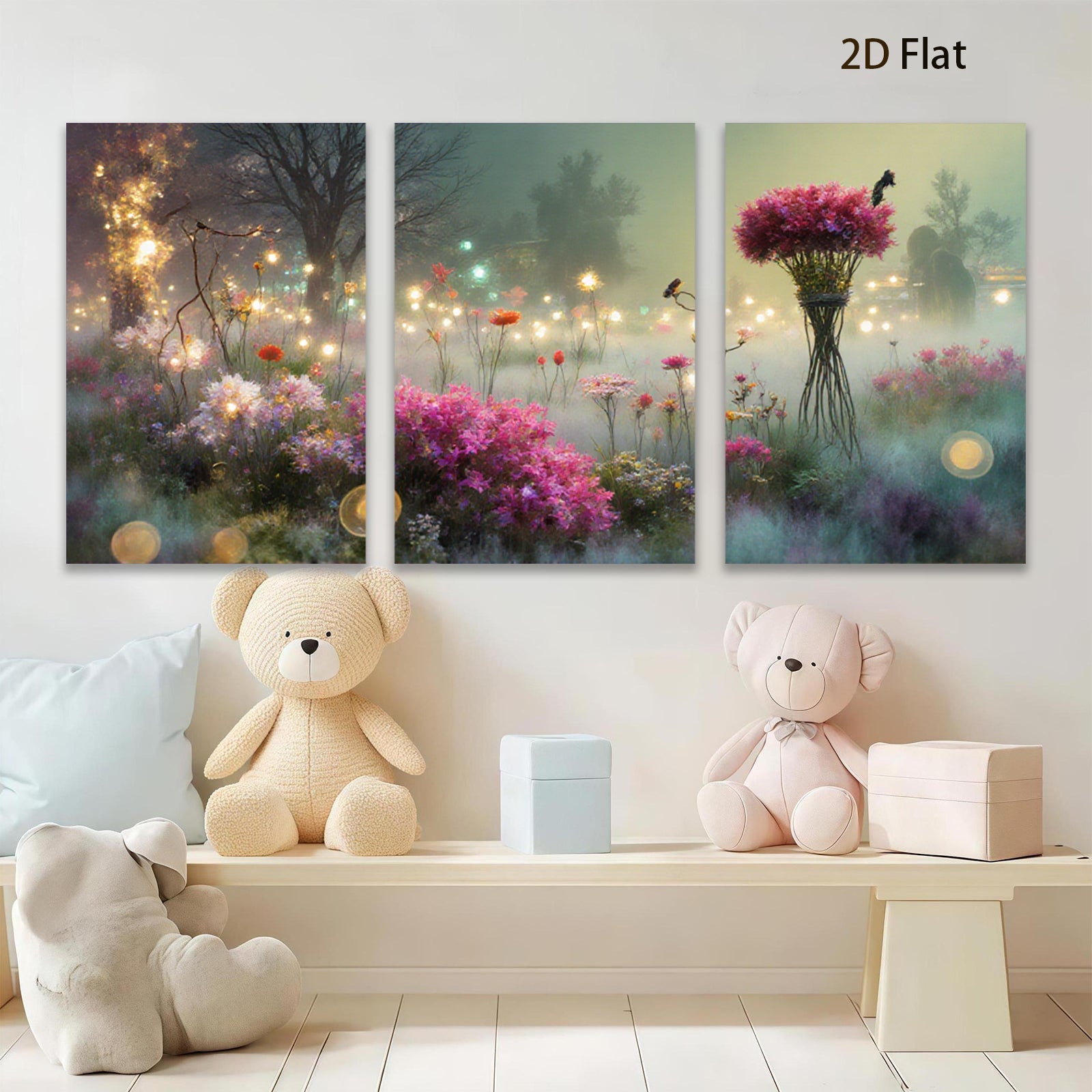 2D flat 1pc whimsical floral meadow vibrant garden wall art bedroom living room farmhouse decor botanical prints gallery wrapped canvas