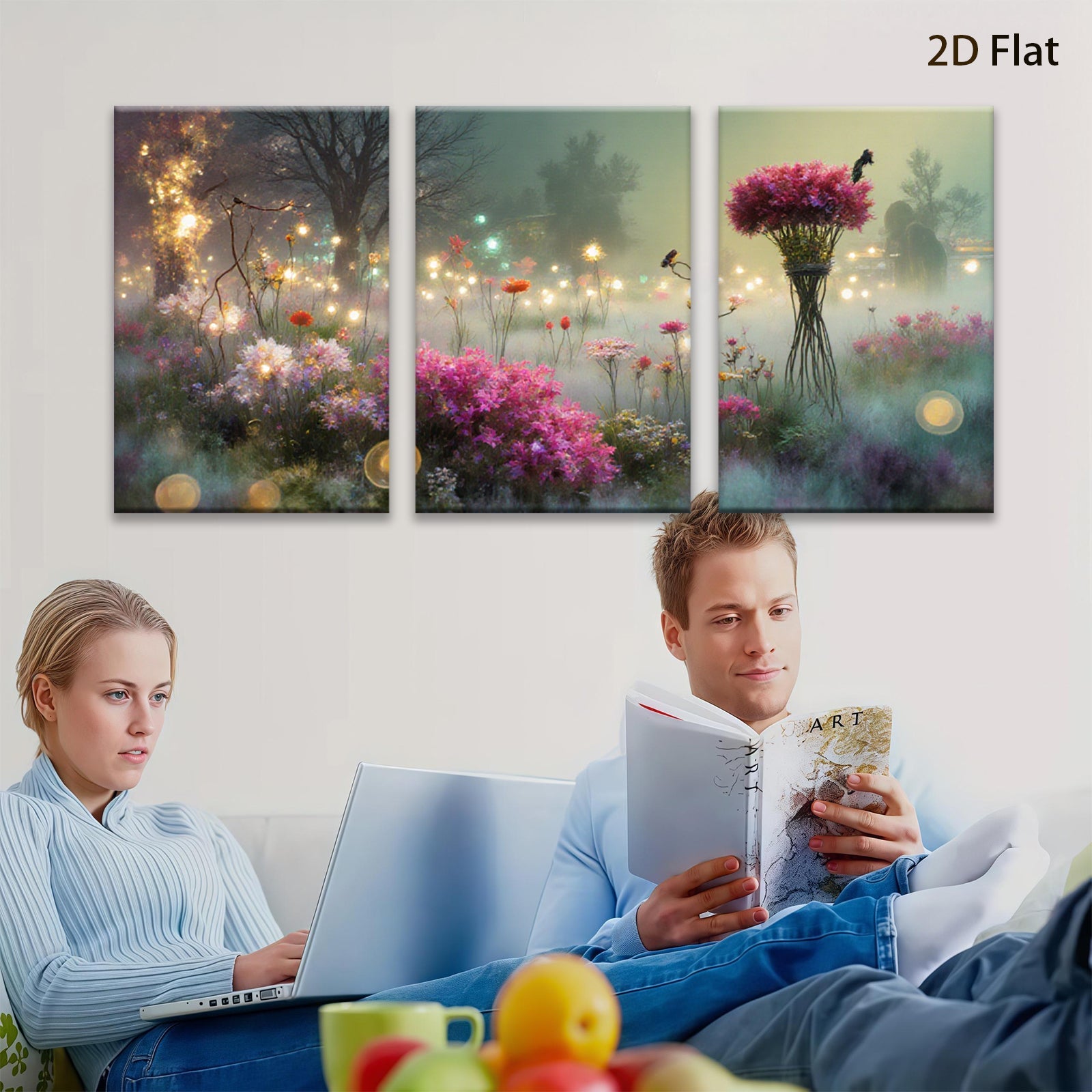 2D flat 1pc whimsical floral meadow vibrant garden wall art bedroom living room farmhouse decor botanical prints gallery wrapped canvas