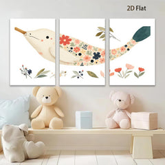 2D flat 1pc whimsical floral painted bird wall art for nursery bedroom living room decor farmhouse style gallery wrapped canvas prints modern minimalist