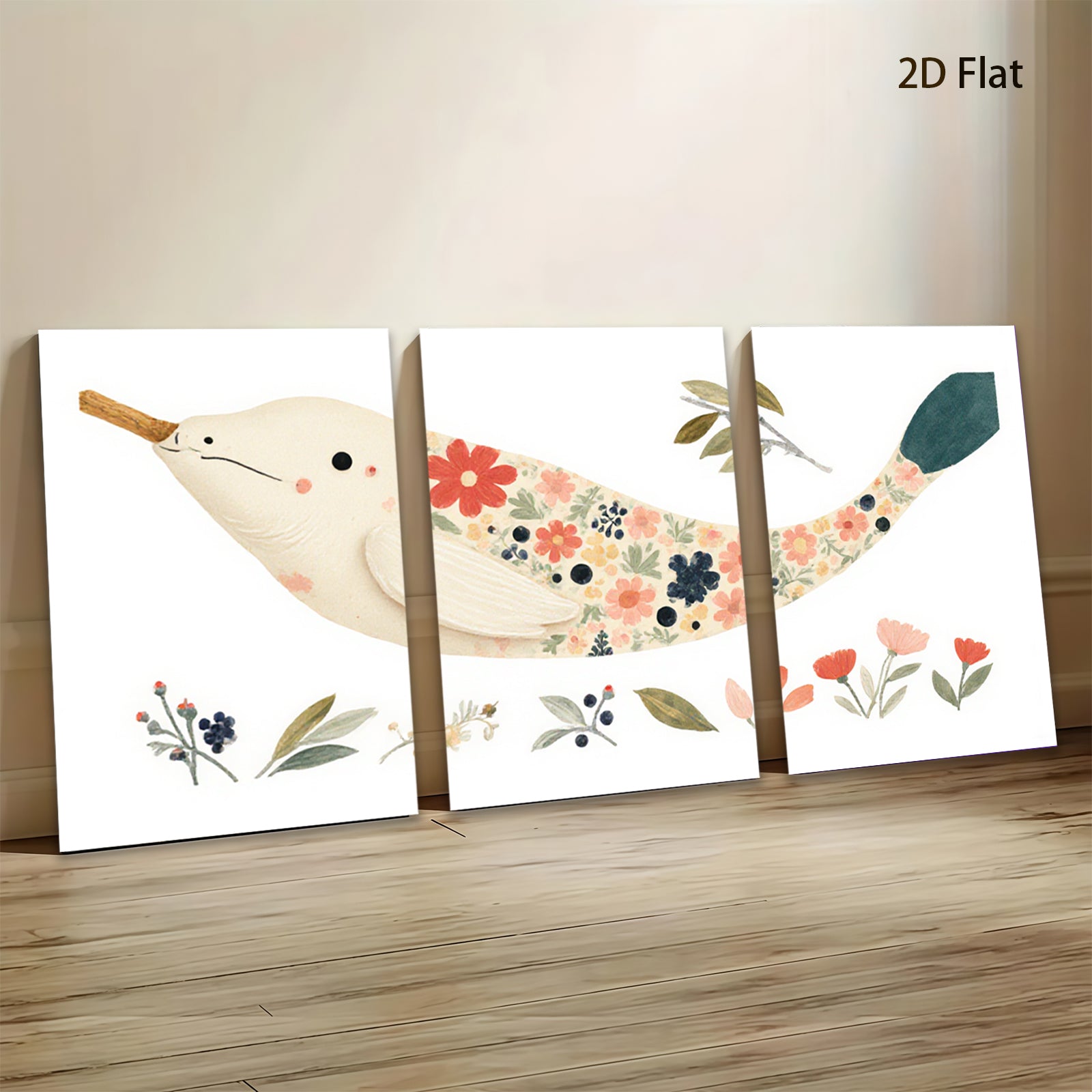 2D flat 1pc whimsical floral painted bird wall art for nursery bedroom living room decor farmhouse style gallery wrapped canvas prints modern minimalist