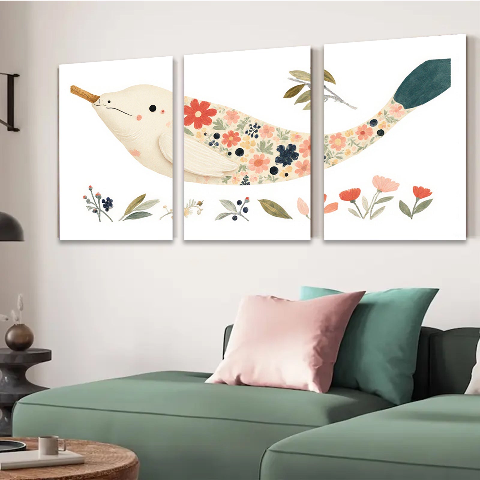 2D flat 1pc whimsical floral painted bird wall art for nursery bedroom living room decor farmhouse style gallery wrapped canvas prints modern minimalist