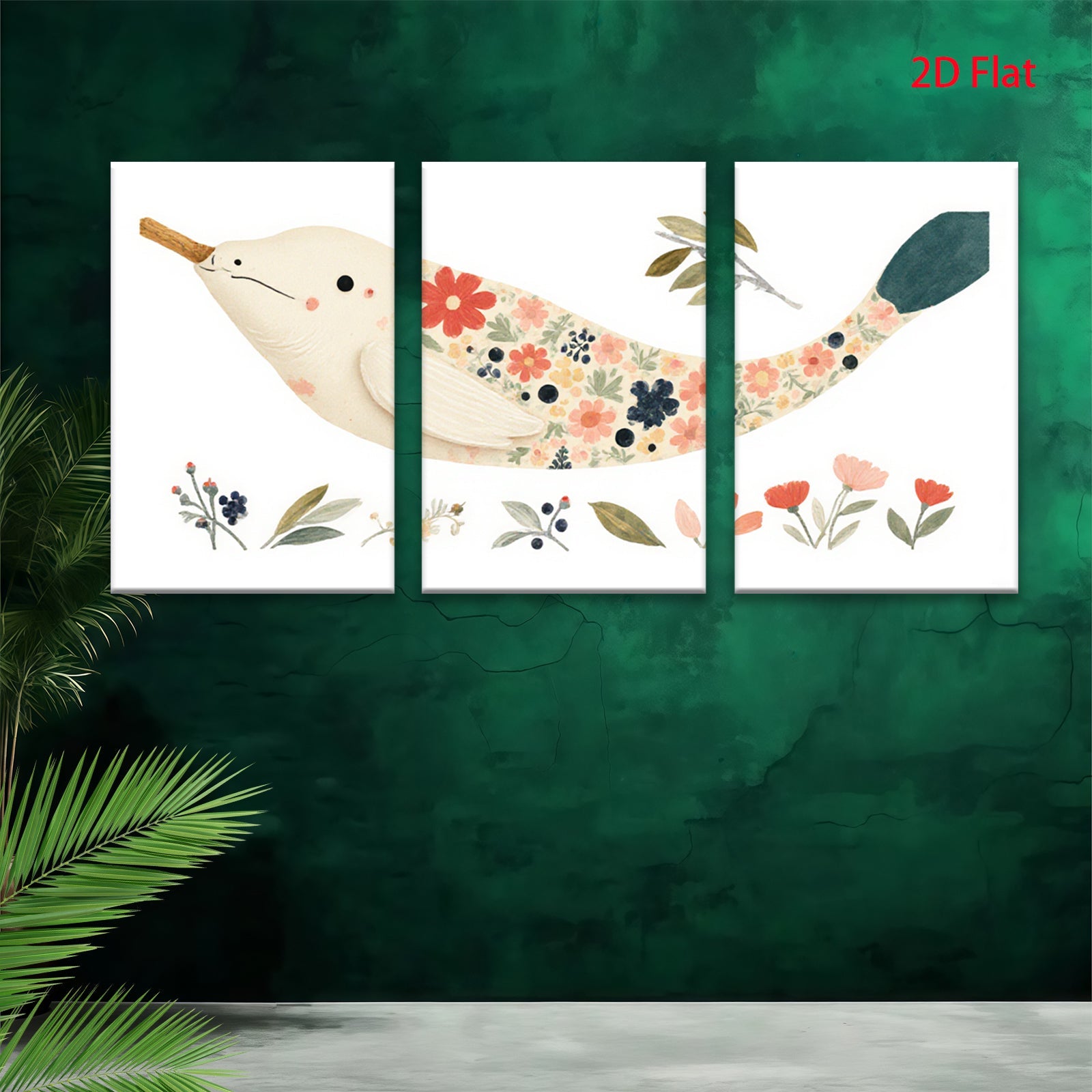 2D flat 1pc whimsical floral painted bird wall art for nursery bedroom living room decor farmhouse style gallery wrapped canvas prints modern minimalist