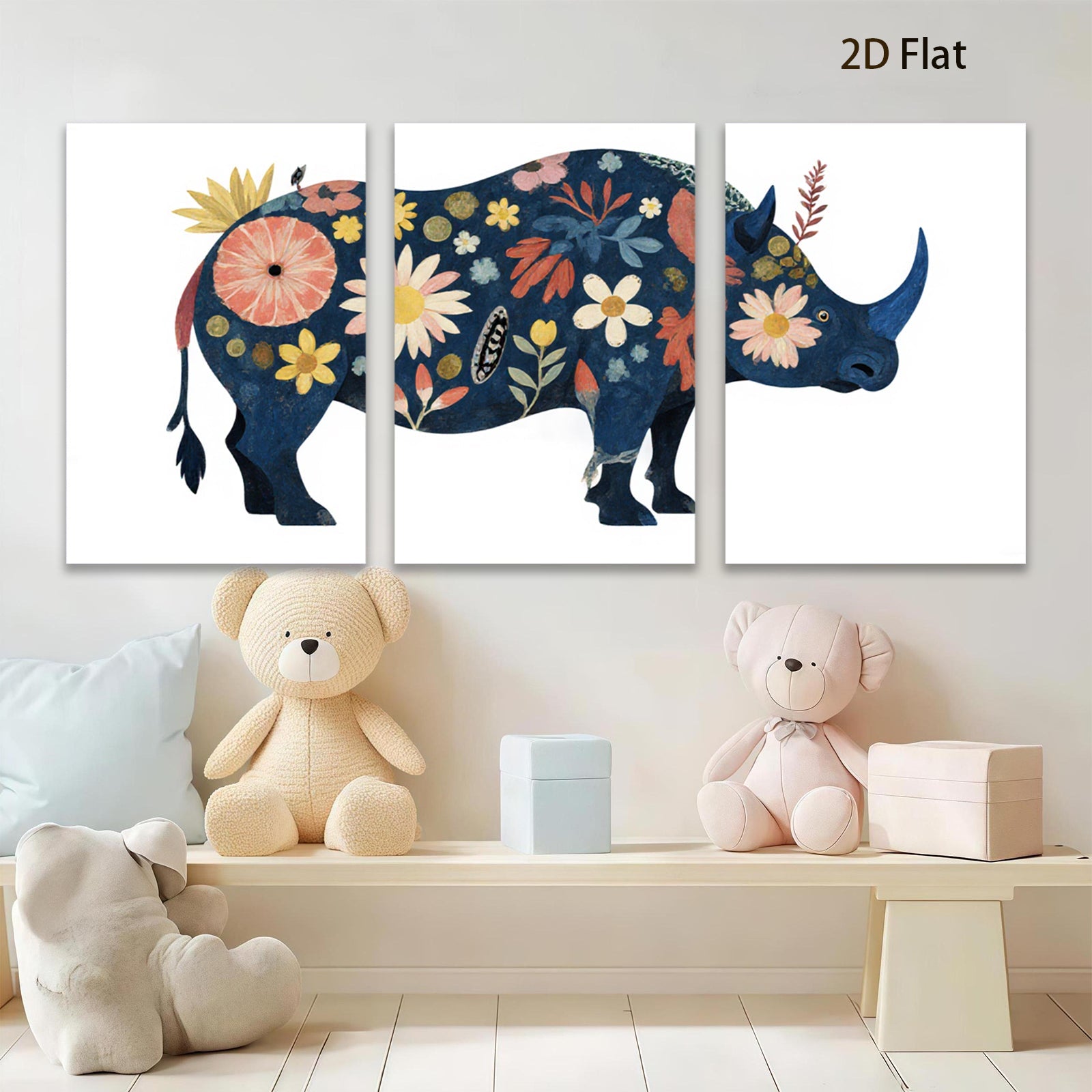2D flat 1pc whimsical floral rhino animal wall art canvas print bedroom living room decor farmhouse style modern gallery wrapped timeless elegance