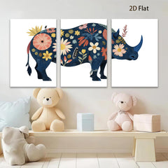 2D flat 1pc whimsical floral rhino animal wall art canvas print bedroom living room decor farmhouse style modern gallery wrapped timeless elegance