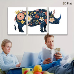 2D flat 1pc whimsical floral rhino animal wall art canvas print bedroom living room decor farmhouse style modern gallery wrapped timeless elegance